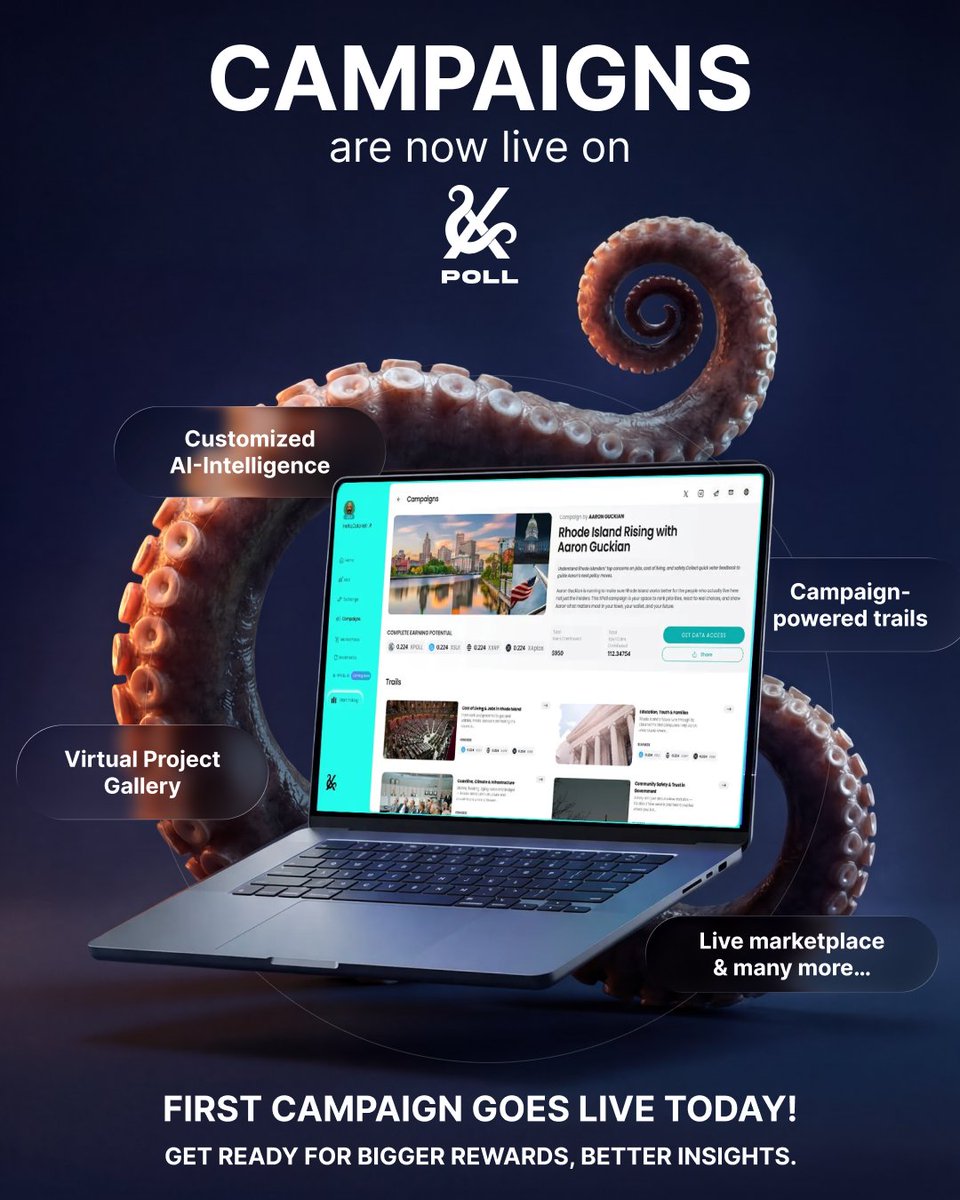 xpollplatform's tweet photo. 🚀 Campaigns are officially LIVE on XPOLL

We just unlocked a powerful new way to explore, analyze, and earn from real-world projects.

With Campaigns, you can now:
🧠 Access customized AI intelligence
🗂️ Explore projects inside a virtual gallery
🧭 Follow campaign-powered trails for deeper insights
🛒 Interact with a live marketplace

Our first campaign is going live today, bringing you smarter data, richer narratives, and bigger rewards for participating.

This isn’t just polling anymore — it’s an intelligent campaign engine built for discovery, decision-making, and decentralized impact.
🔗 https://t.co/bzsbito4VC

#XPoll #Campaigns #Web3 #AI #DataIntelligence #Crypto