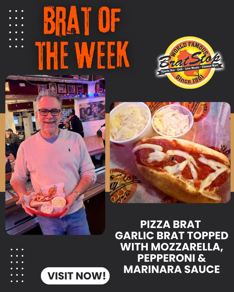 This week’s Brat of the Week, featured by Jeff, is the Pizza Brat! 🌭🍕
A garlic brat topped with melty mozzarella, pepperoni, and marinara sauce — all your pizza favorites, brat-style! 😎
#BratOfTheWeek #PizzaBrat #BratLove