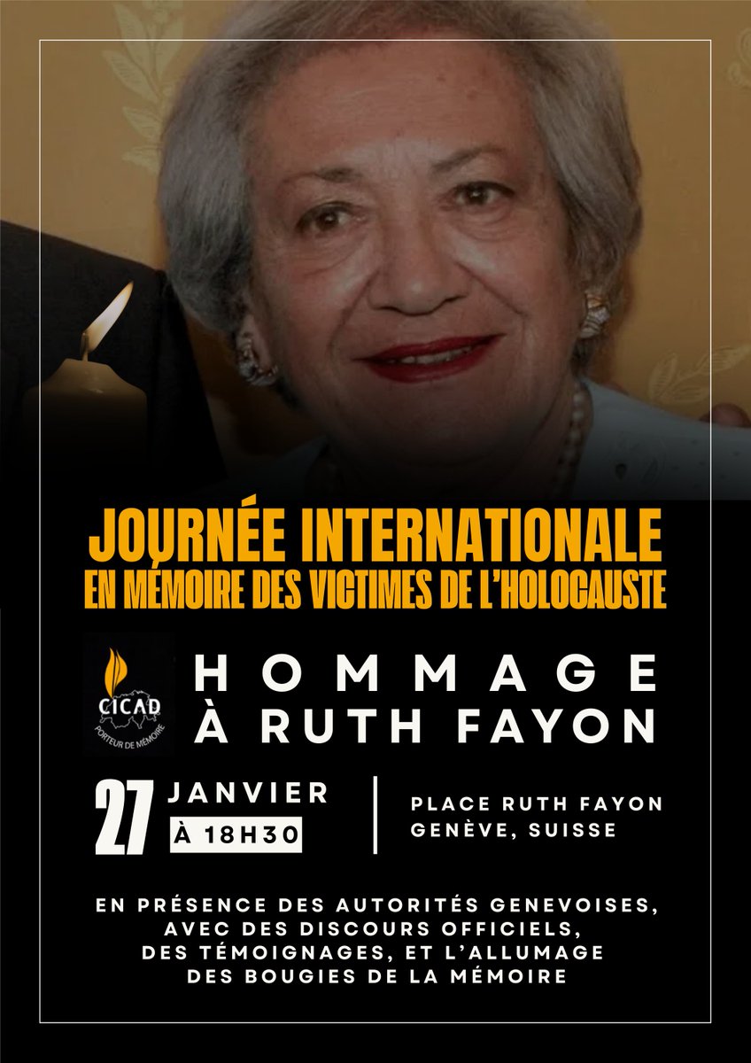 🕯Journée internationale dédiée à la Mémoire des victimes de la Shoah.

27/01 : Nous organisons la cérémonie officielle de commémoration en hommage à toutes les victimes.

Hommage particulier pour Ruth Fayon, rescapée d’Auschwitz, dont le nom entre dans l’espace public genevois.