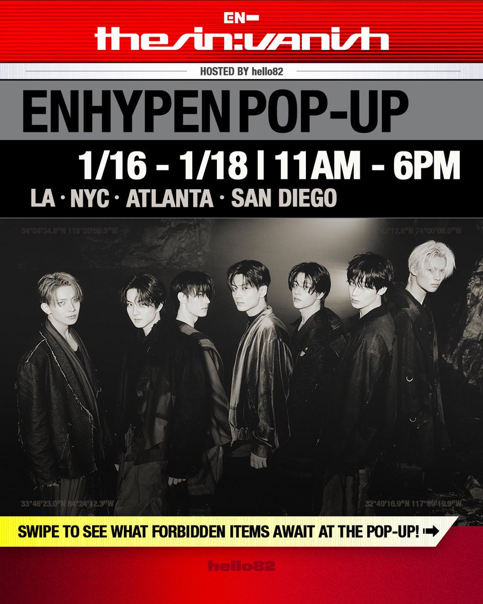 hello82official's tweet image. ENGENE, wake up and fall in love with ENHYPEN all over again 🧛
Set your alarms for a weekend of Exclusive Albums, Interactive Activities, and MORE at the ENHYPEN POP-UP! Stay tuned for more details 👀

🦇 1/16 - 1/18 | 11AM - 6PM (Local Time)
📍 @hello82LA
📍 @hello82NYC
📍…