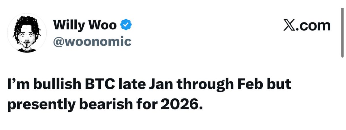 Willy Woo：比特币1月底至2月看涨，因资金流复苏；但若无现货需求激增，2026年展望悲观