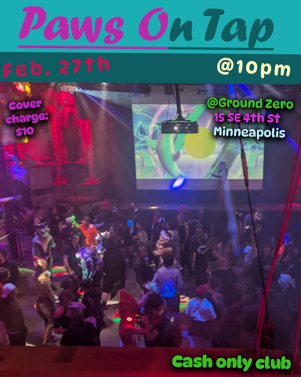 Paw On Tap: Feb 27th!!!

🐾: Be sure to Bring Cash ($10 - Cover &amp; Bar)
🎵: We have storage for Small bags ($1 fee)
🚏: Busses 6, 4, &amp; 61 Stop Near by
🅿️: Plenty of Garage and street parking in the area
#PawsOnTap #MNFurs

RSVP: mnfurs.org/MNFurs_News/ev…