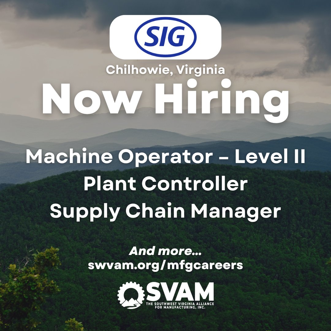 SWVAMfg's tweet image. 🔧 SIG in Chilhowie, VA is hiring! Explore job opportunities now: ow.ly/yuBU50QwLy0
 #ChilhowieVA #JobOpportunity

(Note: This post was created by SVAM and isn't an official post from SIG.)