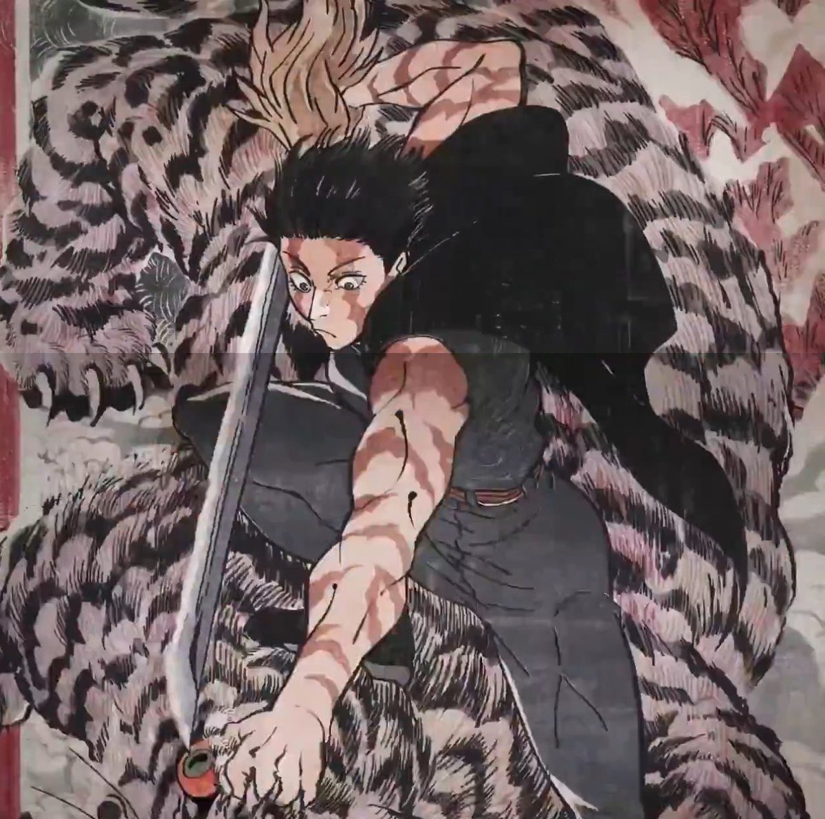 lightningclare's tweet image. The inspiration for Maki's illustration in S3 OP is Kashiwade no Hanoshi

His son's life was taken by a tiger during the time he was sent to Baekje; he then tracked it down in the snow and killed it in revenge. This is a story he shares with Maki Zenin, who destroys everything