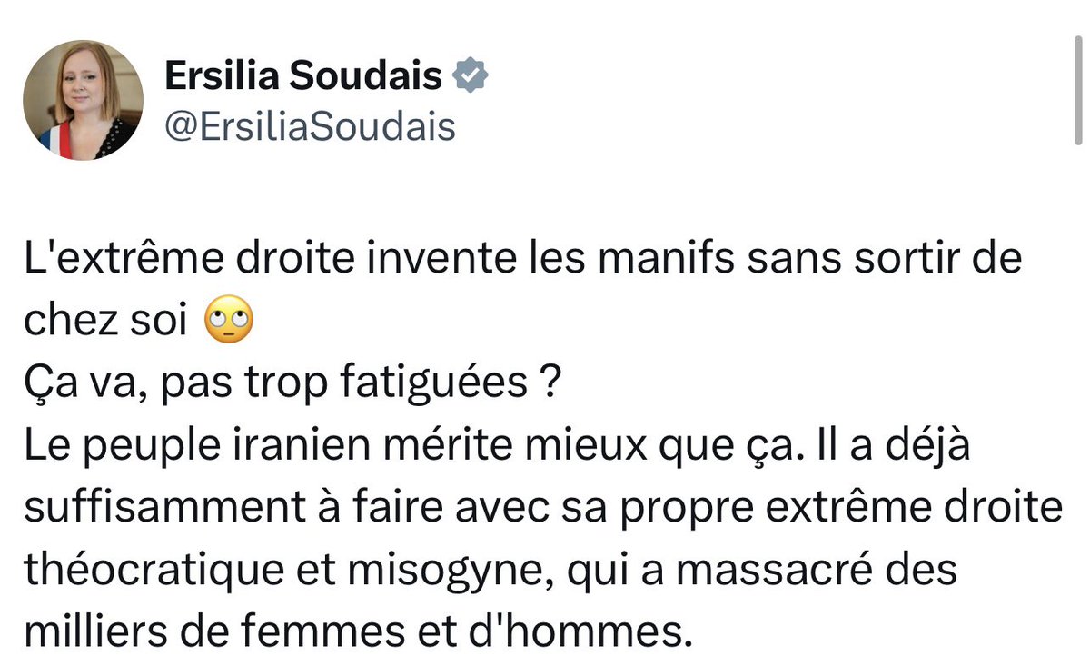 Où étaient les députés LFI à la manif de soutien à l’Iran ce dimanche ?

Ils étaient chez eux à faire leur sieste en tweetant contre la présence « de l’extrême droite » à cette manifestation.

Pourtant, j’y ai été reçue avec énormément de joie et je remercie la diaspora Iranienne