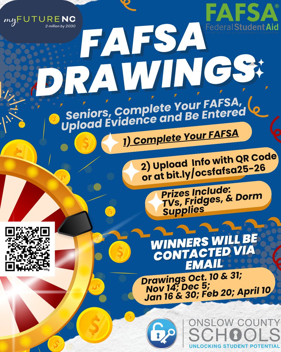 Seniors, complete your FAFSA and enter for a chance to win prizes for your future dorm room!
First, complete your FAFSA at studentaid.gov/h/apply-for-ai…, then log in at bit.ly/ocsfafsa25-26 to upload evidence and enter the drawings!