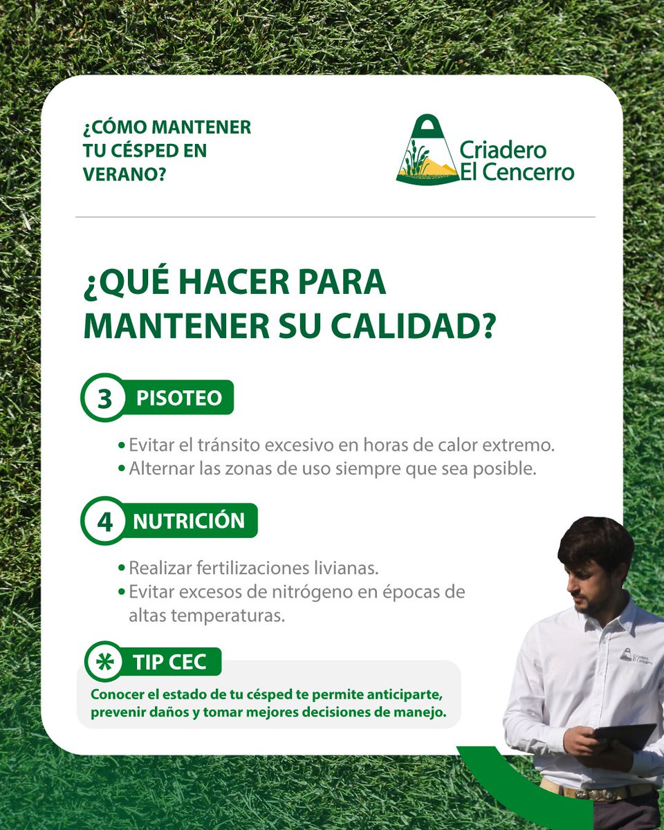 🌱 ¿Cómo mantener tu césped en verano? Compartimos recomendaciones clave para:
 💧 Riego.
 ✂️ Corte.
 🚶 Pisoteo.
  ✅ Nutrición.
Pequeños ajustes a tiempo ayudan a preservar la calidad y la cobertura durante todo el verano.
Deslizá para conocerlas 🤝