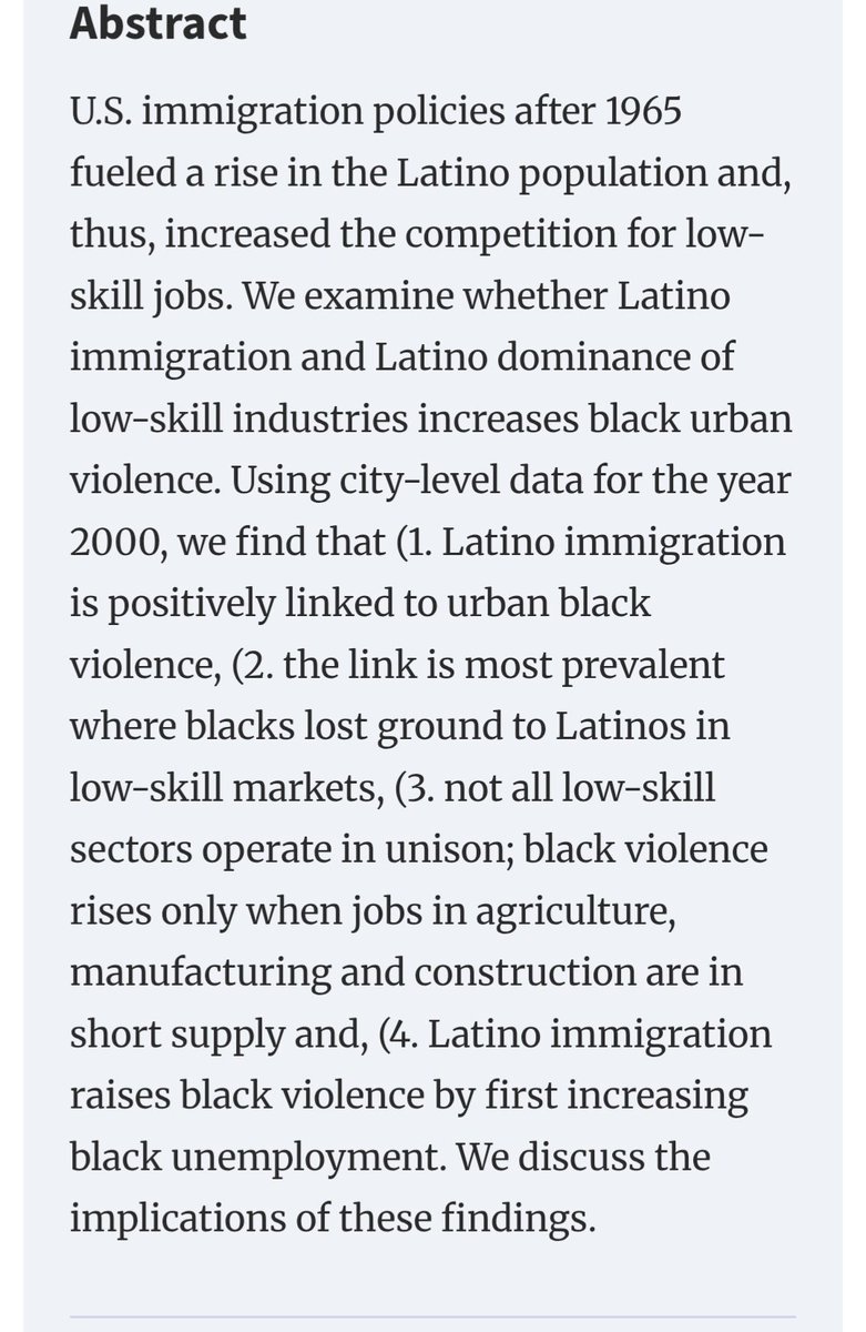 “Latino immigration is positively linked to urban black violence”

“the link is most prevalent where blacks lost ground to Latinos in low-skill markets”

“Latino immigration raises black violence by first increasing black unemployment”