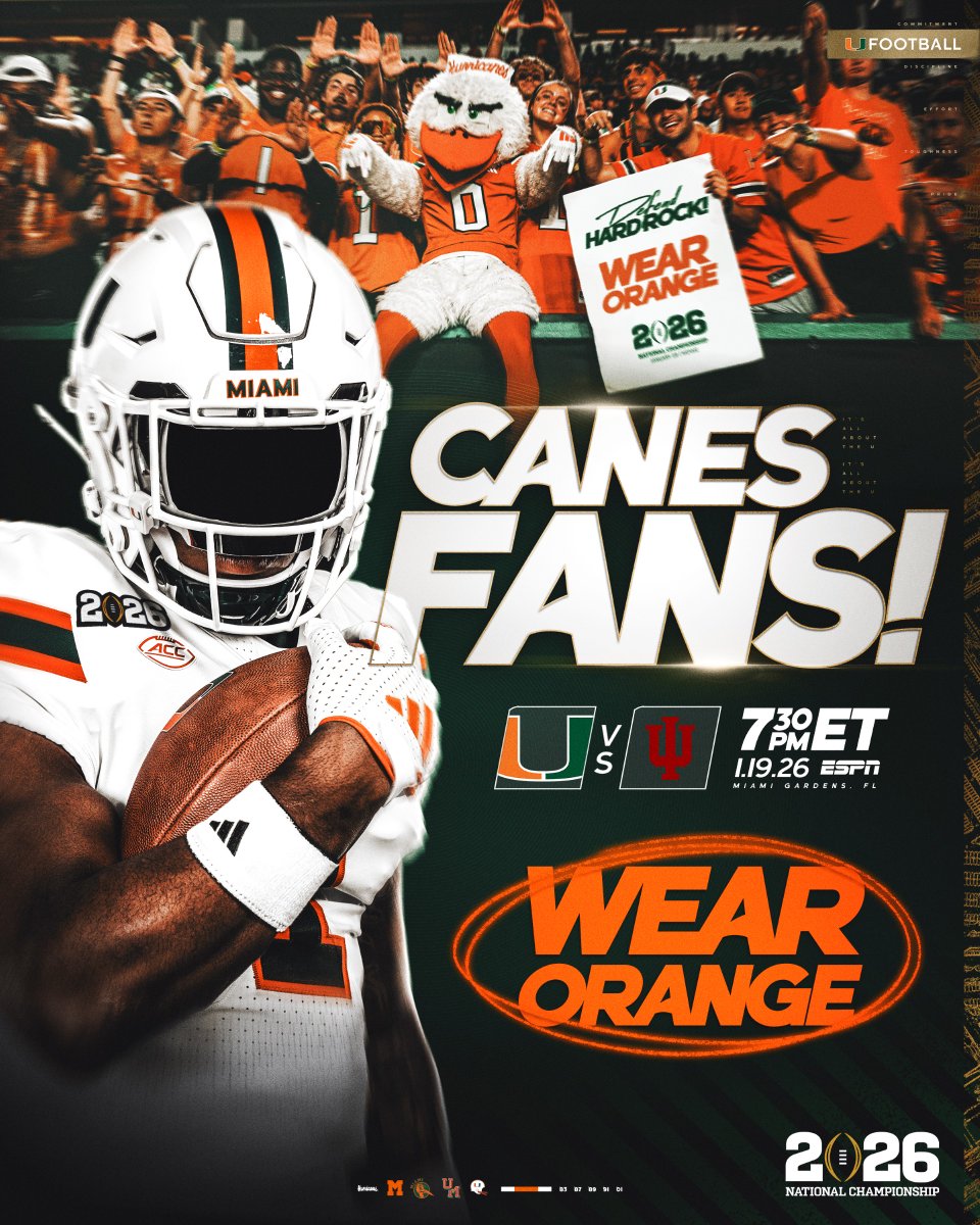 CanesFootball's tweet image. DEFEND HOME TURF! 🙌

Canes Family, wear ORANGE for the NATIONAL CHAMPIONSHIP! 🟠

#GoCanes | @CFBPlayoff