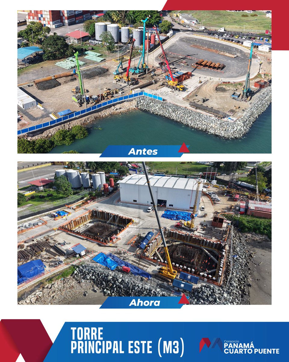Recordamos cómo inició y hoy mostramos lo que ya es una realidad. La Torre Principal Este (M3) ya representa un hito en la obra. 

¿Sabías que ya finalizamos los trabajos de pilotes y el vertido de concreto del cabezal de la pierna derecha de la Torre? #CuartoPuenteAntesyDespués