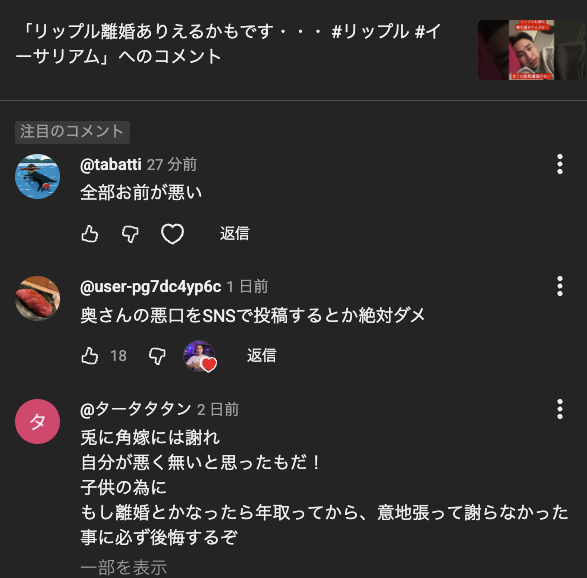 でんち　コメント 僕に対する批判コメントがYoutubeで殺到しています。 ただの妻との喧嘩