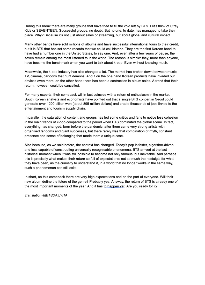 INTERNATIONAL ARMYS! 🫶🏼
We prepared a english translation for this amazing article about BTS and their upcoming album! 💜

#BTSComeback2026