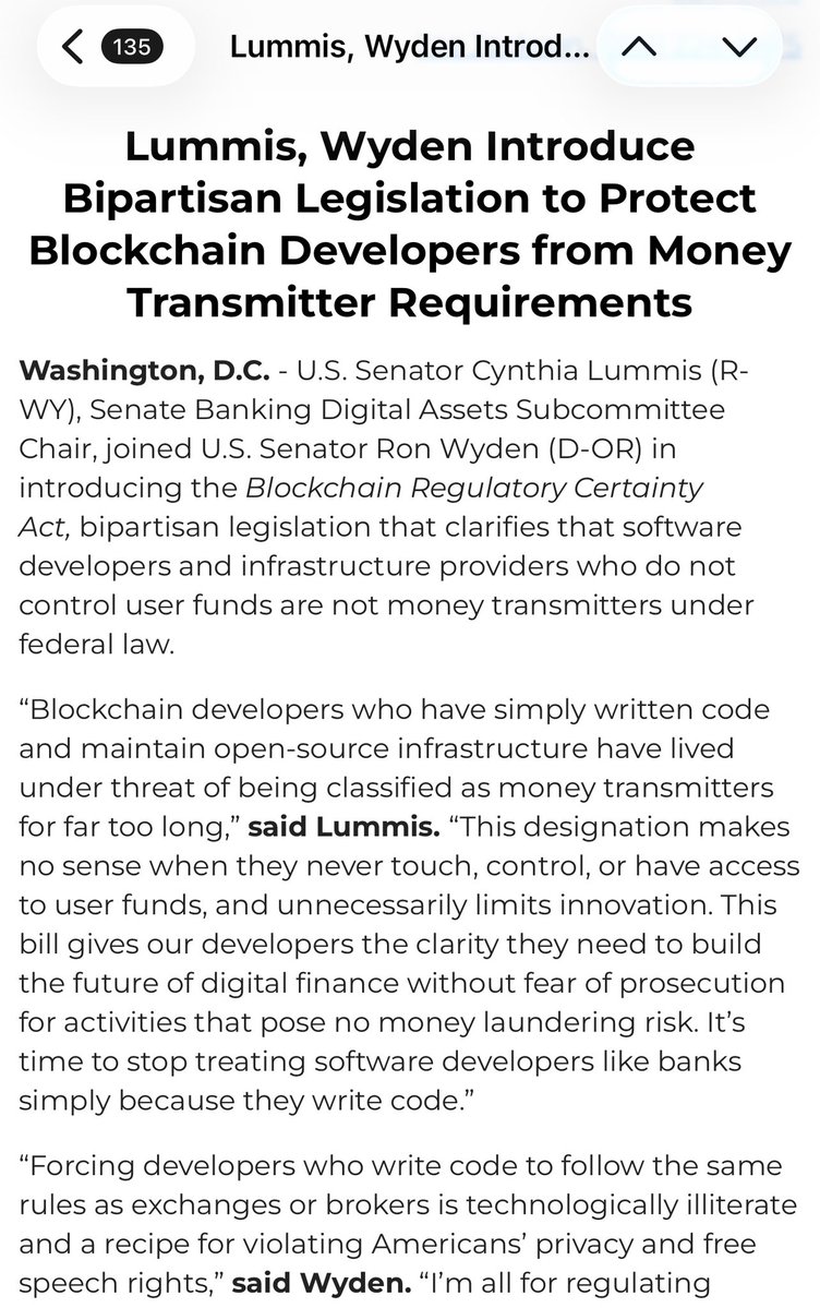 EleanorTerrett's tweet image. 🚨JUST IN: Senators @RonWyden and @SenLummis just introduced a bipartisan, standalone version of the Blockchain Regulatory Certainty Act (BRCA). First introduced in the House by @GOPMajorityWhip and included in the House’s original Clarity Act, the bill is designed to protect…