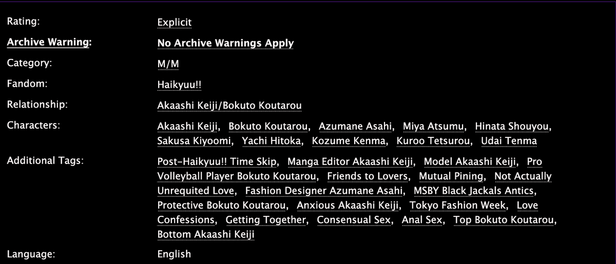 I am so excited to share the first chapter of my latest #BokuAka story, a gift for the wonderful <a href="/darthaubs/">Aubs 🦇</a> 🥰 with art by <a href="/kalciart/">🔞 kalciart 🔞 - COMMS OPEN</a> 💫

💗 Look at Me, and Me Alone
💗 E; ch 1/5 (link ⤵️)
💗 Asahi asks Akaashi to model
💗 Bokuto loses his mind

Ao3 link: archiveofourown.org/works/77577751…