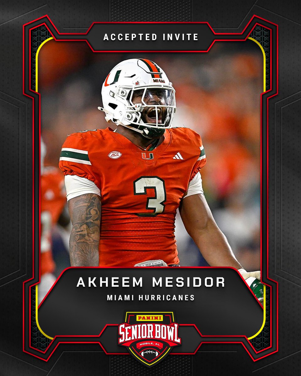 seniorbowl's tweet photo. Officially Accepted!

DL Akheem Mesidor (@Akheem_Mes) from @CanesFootball is headed to the 2026 Panini Senior Bowl 🔥

#TheDraftStartsInMobile #WherePlayersPlay https://t.co/XAsPGZHnDB