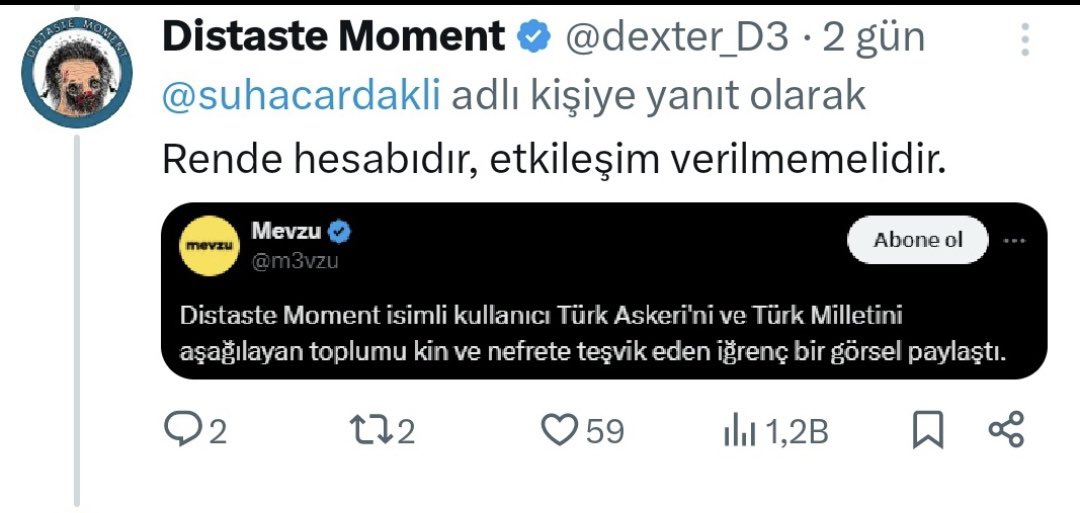 Şimdi bunlar için etkileşimin anlamını önce kavrayın.

Bunlar ağdan olmayan ya da anlaşmadıkları kişiye kolay kolay etkileşim vermezler. 

Kime etkileşim veriyor burada devlet ve vatan düşmanı olduğunu söyleyen distaste ?

İsme dikkat edin.