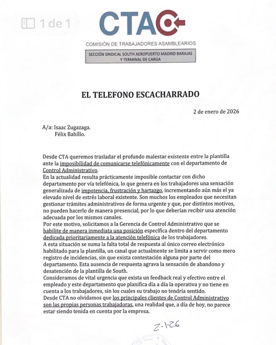 ⚠️Desde CTA inauguramos el nuevo año con un  comunicado exigiendo q se habilite un puesto de recepción de llamadas ☎️ en control administrativo📆 en Barajas ya q es básico facilitar la  comunicación entre empleados y compañía para el tema de turnos,descansos, bajas laborables...