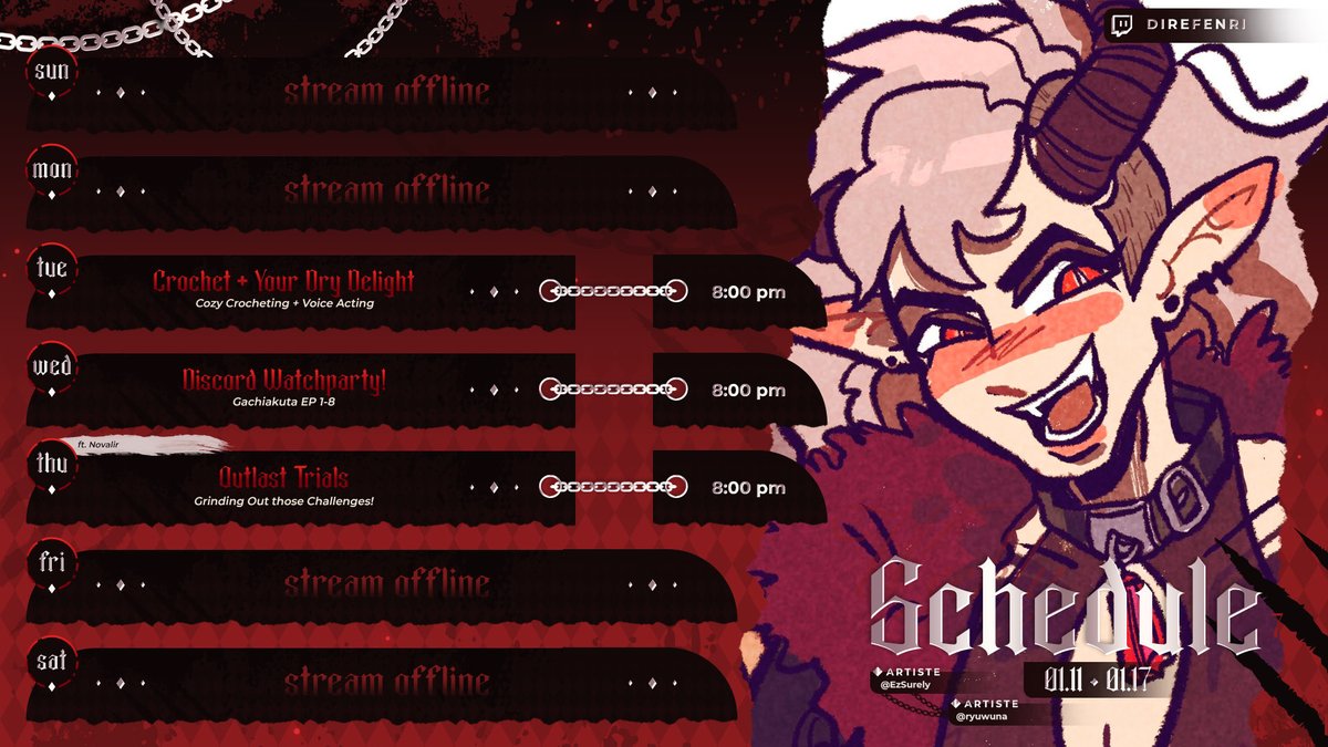 🔥HES BACK!! 🖤

Hi hi!! After not being able to stream for a bit due to travel, I’m finally back home!! 

I hope you missed me~ 

🔥SCHEDULE 🔥

TUES - Crochet + Your Dry Delight

WEDS - Discord Watch Party

THURS - Outlast Trials with <a href="/novalirvt/">Nova Lir 🗡️✨</a> 

🖤See You in the Underworld!🖤