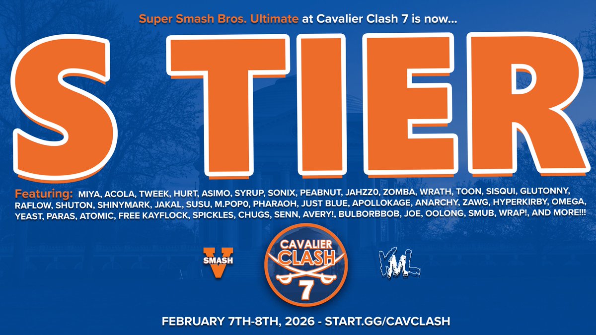 In odds never thought possible once more, we're proud to be holding Central VA's first ever SUPERMAJOR! Join us for our newly crowned S Tier tournament for Smash Ultimate⚔️

FT. MIYA, ACOLA, TWEEK, HURT, ASIMO, SYRUP, AND MORE⁉️👀

Late registration is open until 1/24, Reg below!
