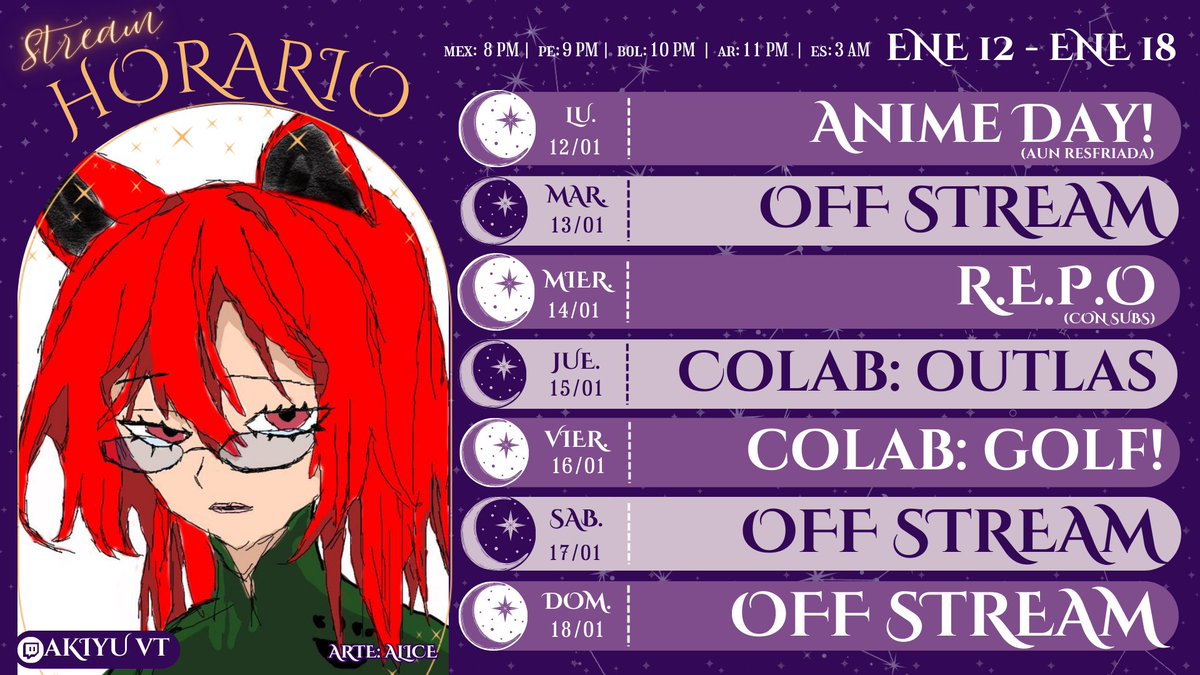 AkiYuStudio's tweet photo. โจ Horario semanal โจใ12/01 - 18/01ใ
Es semana se vienve algo chill y luego algunas colabs :3 esperando que todo salga bien
#AkiYuArts #AkiYuClips #AkiYuVT #VtuberES #twitch https://t.co/2zmK90szIm
