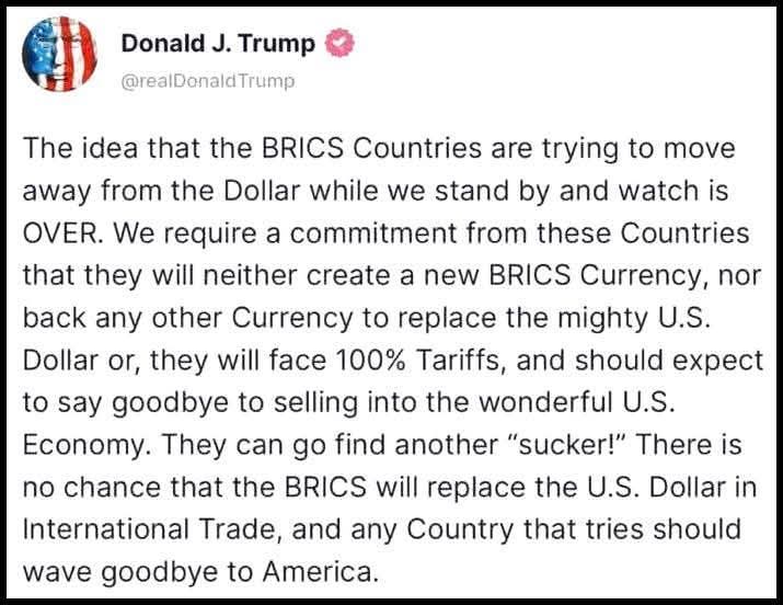 ShafqatQureshi_'s tweet image. ڈالر سامراج کا اعلان جنگ

وہ بابے ہنری کسنجر نے کیا کہا تھا کہ اگر آپ کو تیسری عالمی جنگ کا ڈھول پٹتے ہوئے سنائی نہیں دے رہا تو پھر اپنے کانوں کے بہرے پن کا علاج کروائیں. 

امریکی صدر ڈونلڈ ٹرمپ نے کھل کر کہ دیا کہ برکس والوں کا ڈالر کے متبادل کرنسی لانے کا خواب تکمیل تک نہیں…