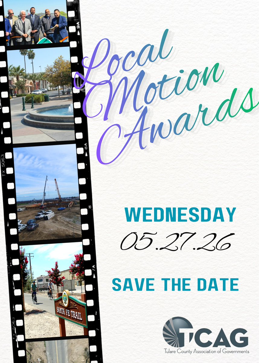 📷 Save the Date | TCAG LocalMotion Awards
Mark your calendars for May 27, 2026 as TCAG hosts the LocalMotion Awards, honoring outstanding achievements in transportation and mobility throughout Tulare County.
More details coming soon.