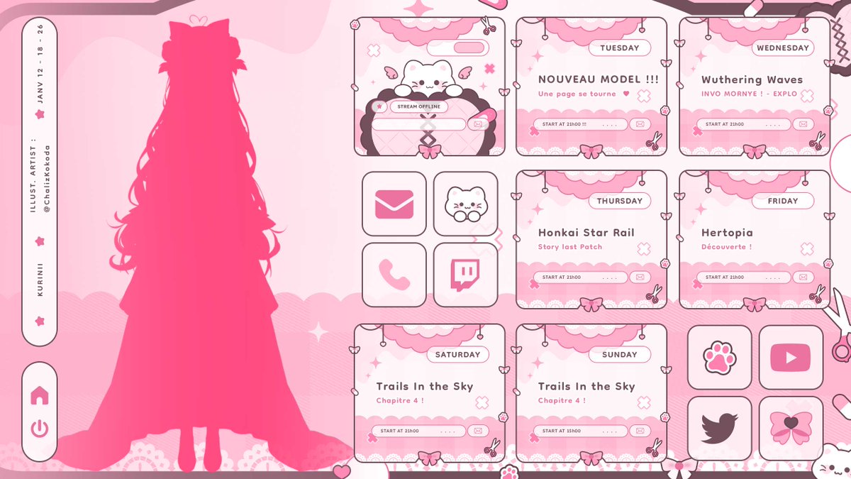 🦇 ───..★.──── PLANNING ────.★..─── 🦇 
                                    12/01 → 18/01

🔗 twitch.tv/kuriinii   .★..

#vtuber #stream #schedule