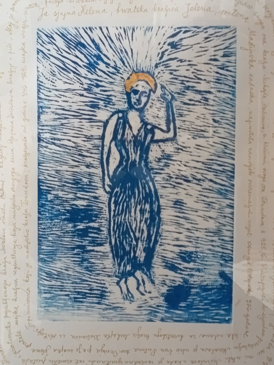 12.01.2026.
1050th anniversary of the Croatian 
kingdom since the death in 976. of the Croatian queen; brilliant HELENA - JELENA the famous,
author of the first of six paintings:
Dina Marković
technique: linocut print, gold leaf,  color blue