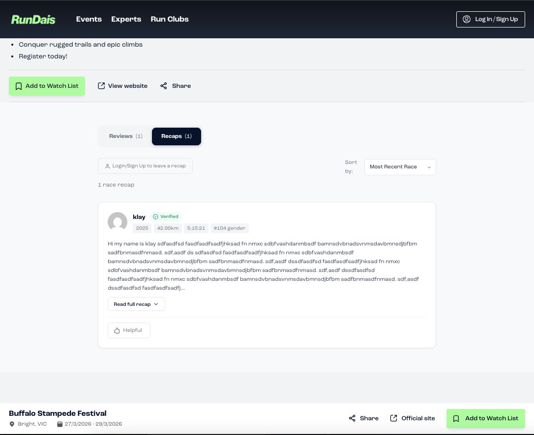 Now (on staging) users on RunDais can add their race results and photos, write reviews and race recaps, and have them show up on their events page. What functionality is thr 80/20 with reviews on Nomads <a href="/levelsio/">@levelsio</a> ?
