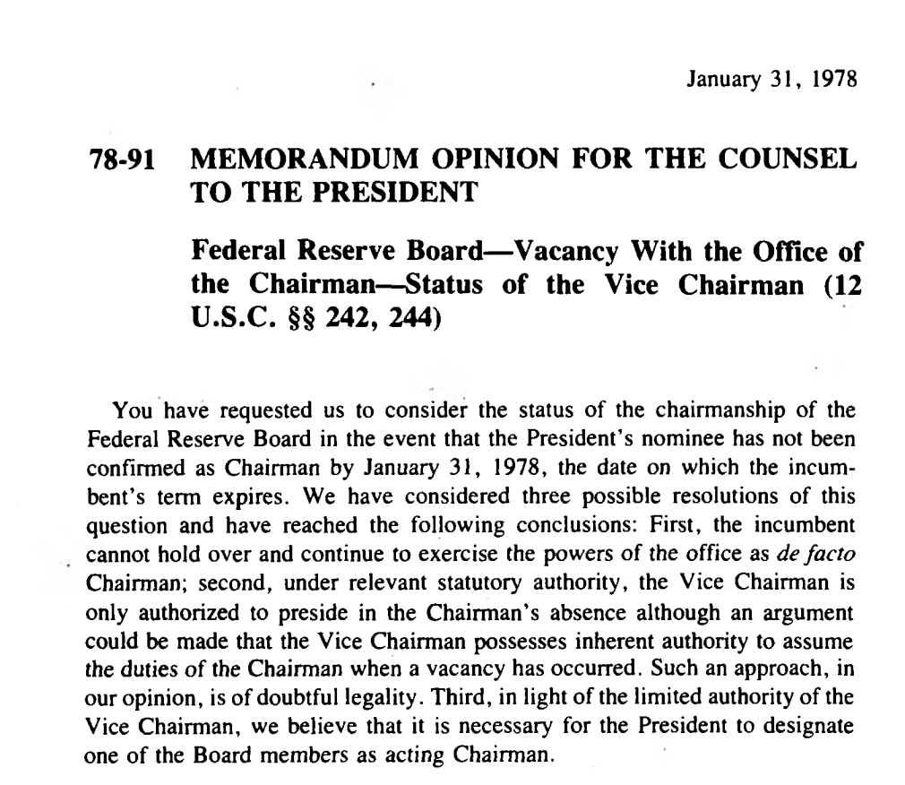 carney's tweet image. New twist in Fed drama!

I've uncovered a 1978 OLC memo that says in the case of a vacancy at the Fed, POTUS gets to appoint one of the board members as acting Chairman.

So if @lisamurkowski and @SenThomTillis try to block Trump's nominee, Trump might get to appoint any governor…