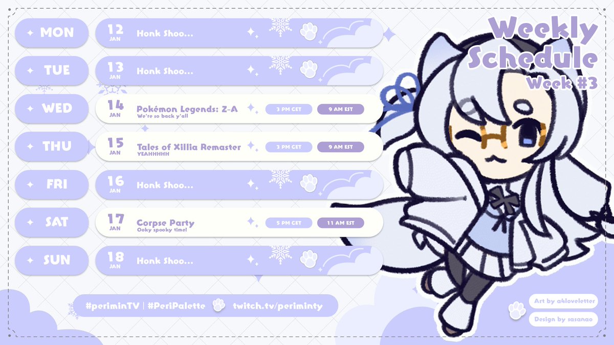 ପ꒰ SCHEDULE: WEEK 3 ꒱ଓ
╰-➤ January 12 - 18. 2026

Went through a bit of depresso but we're here with the espresso (games)

⁍ Schedule art by #a4loveletter