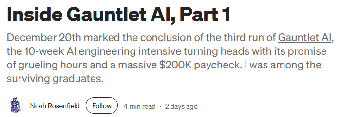 gauntletai's tweet photo. One of our Cohort 3 graduates went deep on his experience in this article. 

It's worth a read if you have questions about Gauntlet:
https://t.co/u6JNDH4Dxs https://t.co/gYRbYBRdTc