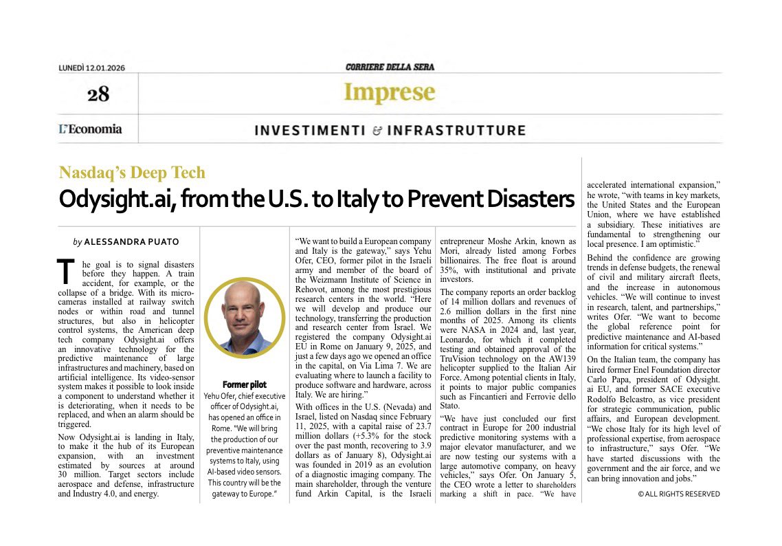Odysight.ai featured in Corriere della Sera 🇮🇹

Italy will be the hub of our European operations, bringing AI-powered preventive maintenance and production to Europe.

As our CEO Yehu Ofer said: “Italy will be the gateway to Europe.”