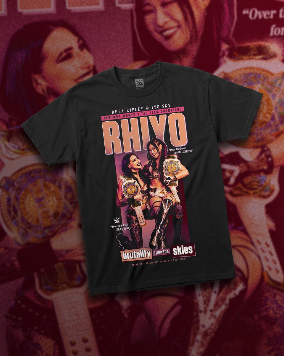 WWEShop's tweet image. Brutality from the Skies! The NEW WWE Women's Tag Team Champions have a "RHIYO" tee available at #WWEShop! #WWE
@RheaRipley_WWE 
@Iyo_SkyWWE 

🛒: bit.ly/4aSOe5L