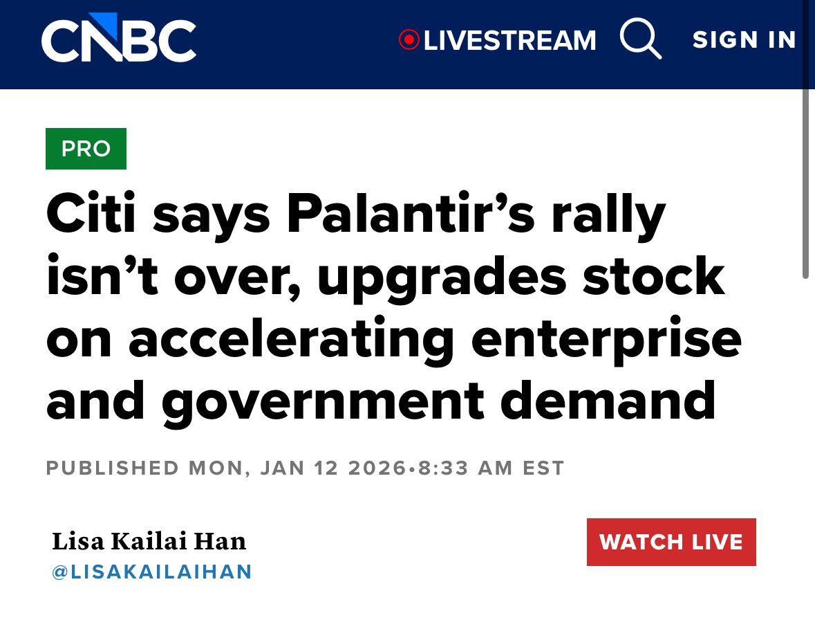 🔮팔란 뉴스] - 26.1.12 씨티그룹의 $PLTR 목표가 상향 기존 $210 ➔ $235 씨티그룹의 Tyler Radke 팔란티어  투자의견 Neutral ➔ Buy 상향 조정 주요근거: 기업용 AI 도입 가속화, 정부의 국방 예산 증액 수혜주가