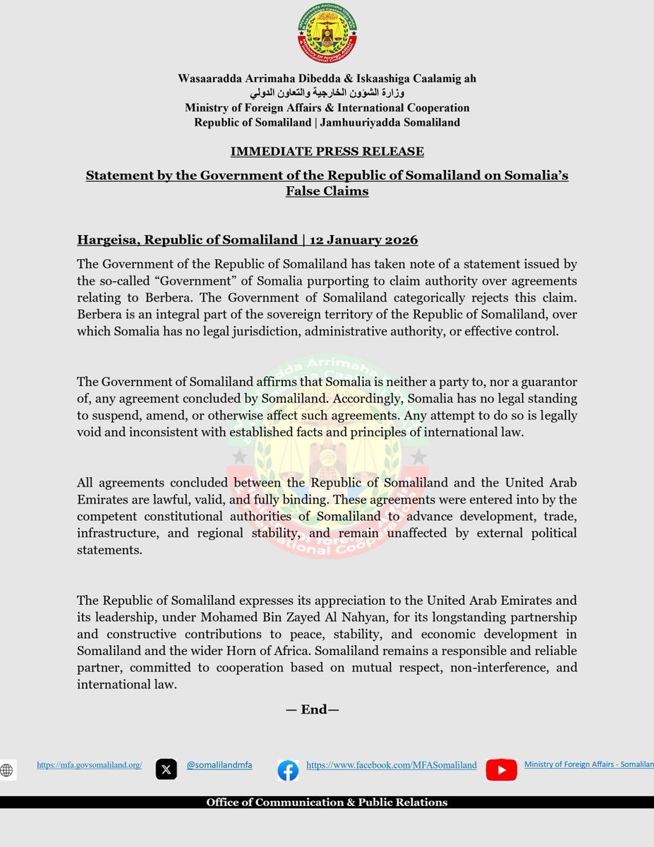 Do not expect Saudi- and Qatari state-controlled media like @Alarabiya &amp; <a href="/AJArabic/">قناة الجزيرة</a> to publish the Somaliland Ministry of Foreign Affairs’ statement reaffirming the Somaliland government’s full adherence to the DP World agreement.
The media ecosystems of these two absolute