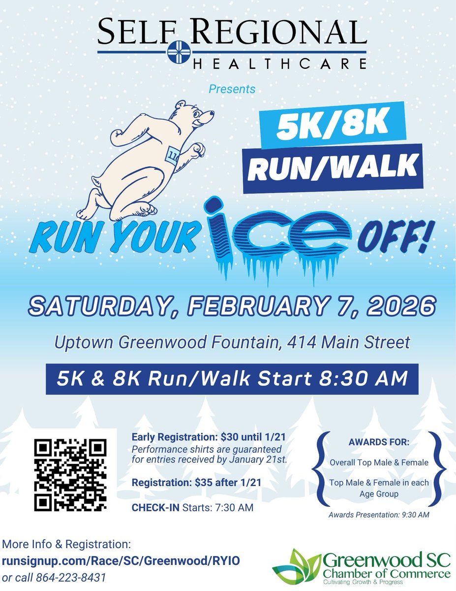 ❄️🏃‍♂️ Run Your Ice Off is back!

Kick off the 2026 race season with the Run Your Ice Off 5K/8K Run-Walk, presented by Self Regional Healthcare. 

👉 Register to race:
loom.ly/NmVBDbs

💼 Interested in sponsoring?
Put your business front and center!
loom.ly/6AVn8mY