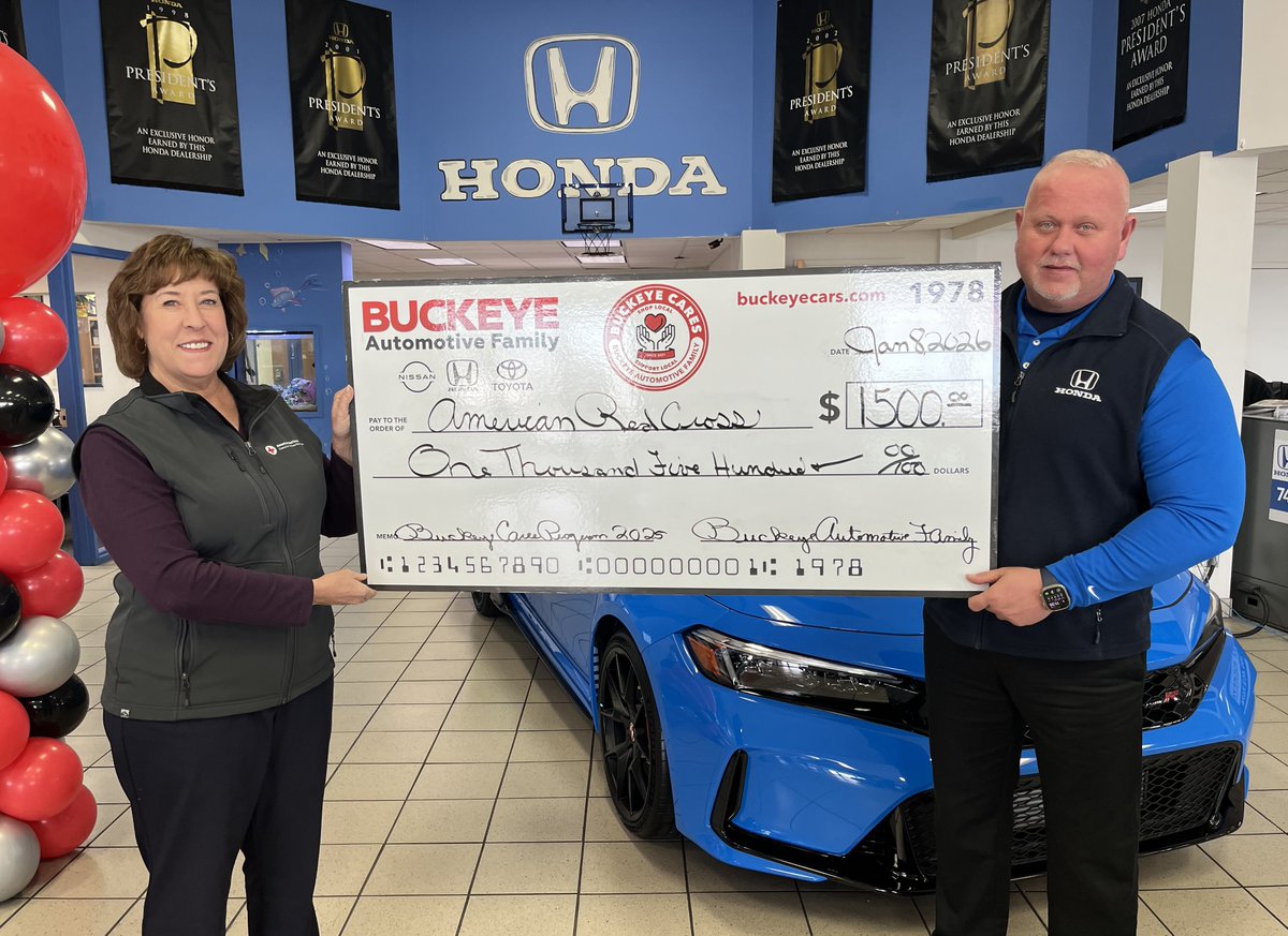 BuckeyeHonda's tweet photo. Barry Buehler, New Car Manager at Buckeye Honda, presented Karen Washbush, Executive Director of the Central Ohio Chapter Red Cross, with the Buckeye Cares 2025 December donation. We remain committed to supporting our community and encouraging local engagement. #BuckeyeCares https://t.co/R5eOepWqL2