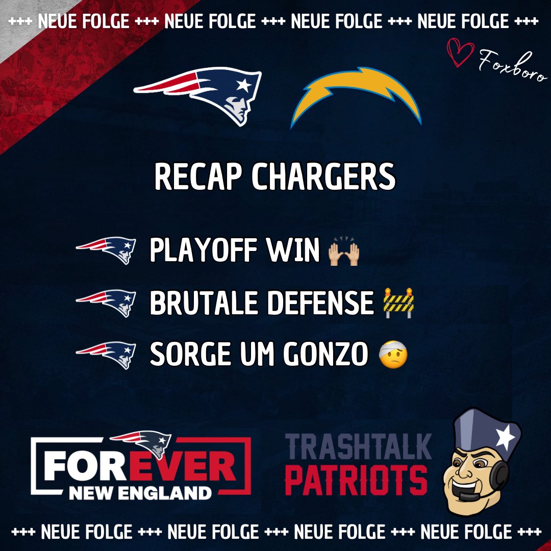 PatsTrashtalk's tweet image. Die #Patriots gewinnen ihr erstes Playoffspiel seit sechs Jahren und erreichen somit die Divisional Round! Am Ende hieß es 16-3 gegen die LA Chargers.

Zur gesamten Analyse:

open.spotify.com/episode/62l1a4…

Hört rein!

@Footballerei @patsdeutsch @GermanBlitztalk