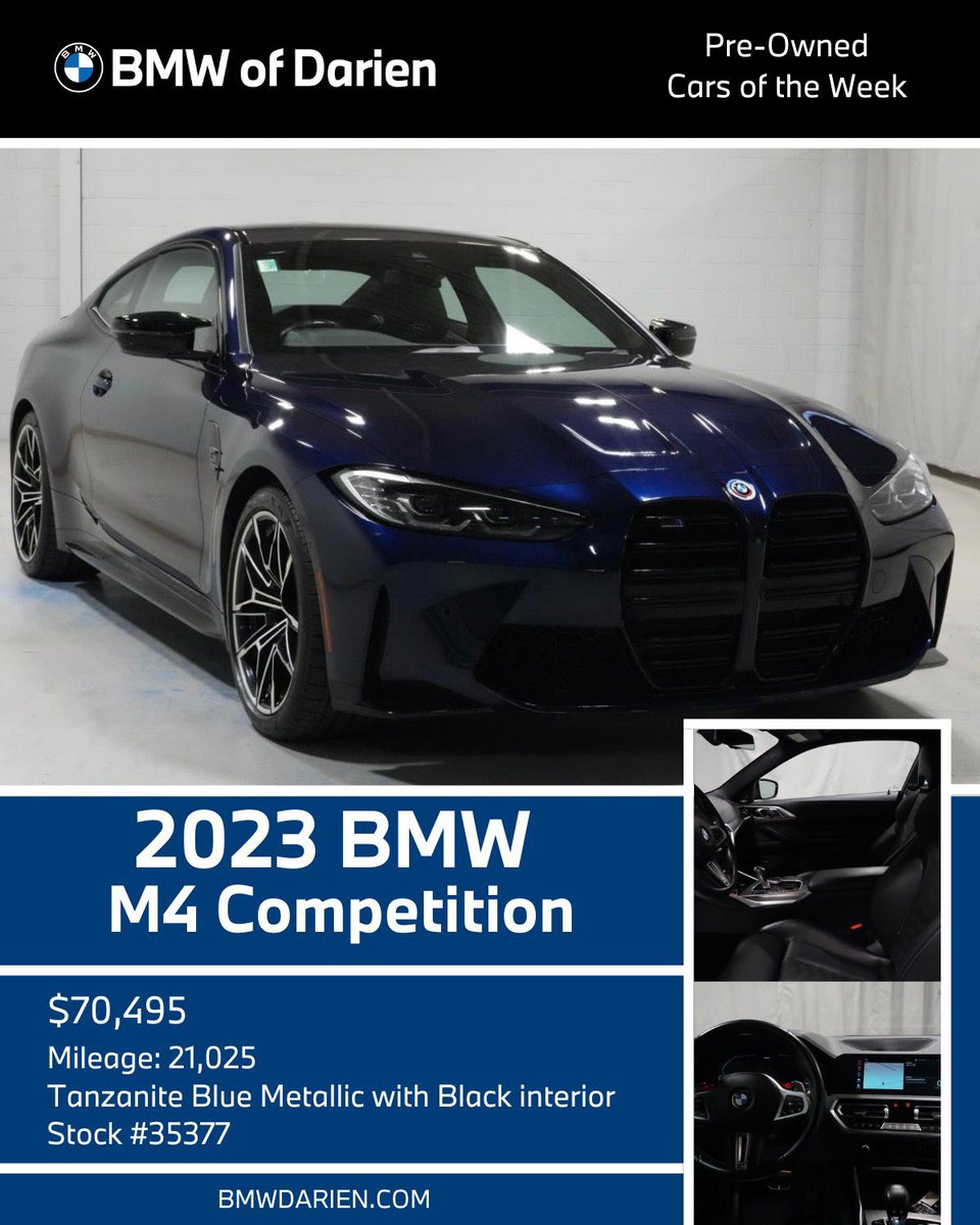 BMWofDarien's tweet photo. Premium vehicles without the premium price tag. See something you like? It won’t last long. 

2025 BMW 530i xDrive Sedan (stock no. L6530)
2023 BMW M4 Competition (stock no. 35377) 
2024 BMW i7 eDrive50 Sedan (stock no. L6513) https://t.co/jHmLBcZm1f