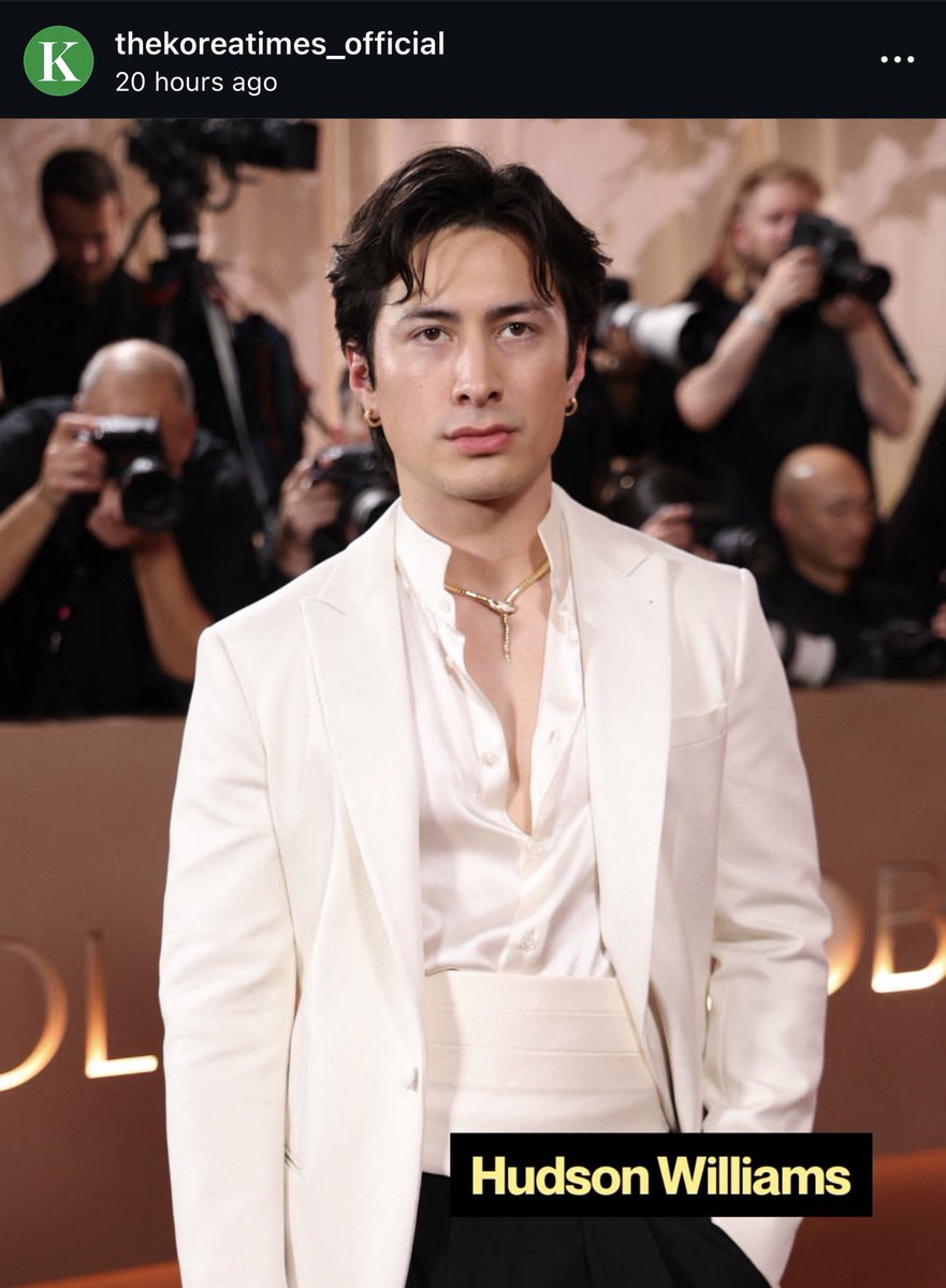 hudsonwupdates's tweet image. The Korea Times shares a photo of Hudson Williams from the #GoldenGlobes spotlighting Korean celebrity appearances via Instagram