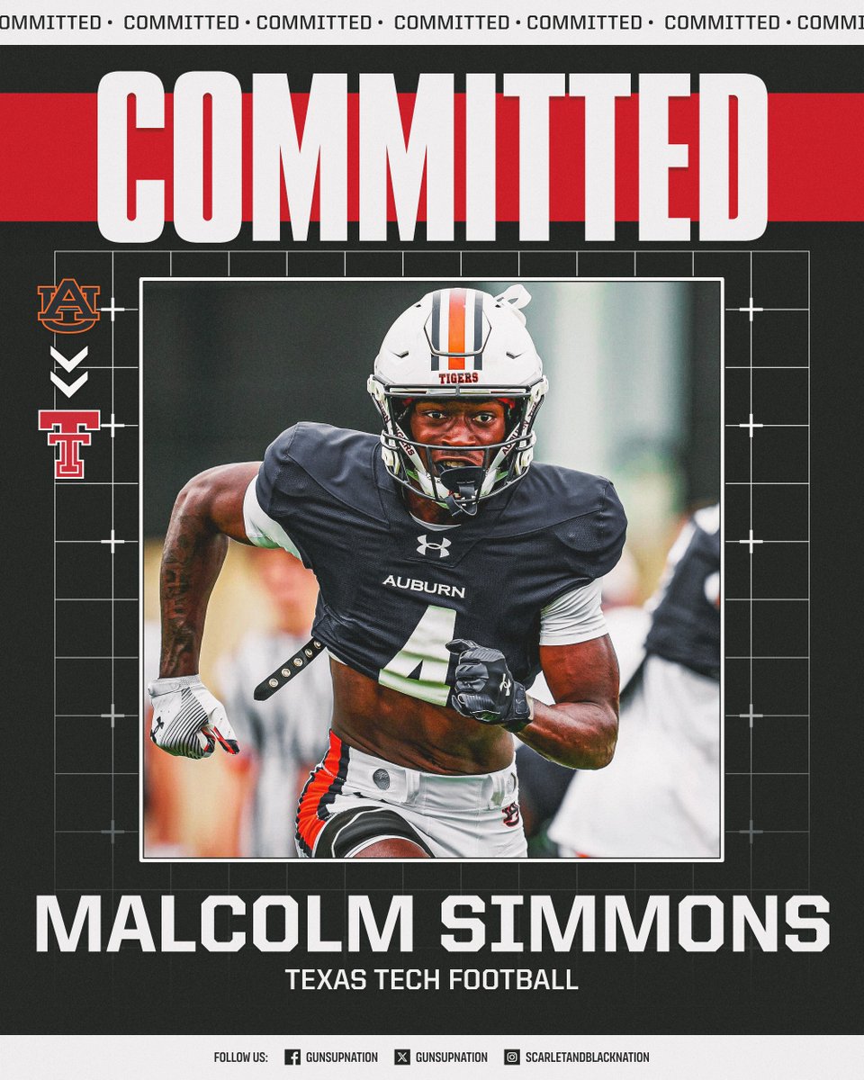 gunsupnation's tweet photo. 🏈 𝗖𝗢𝗠𝗠𝗜𝗧𝗧𝗘𝗗: Texas Tech has landed the commitment of WR transfer Malcolm Simmons from Auburn! Malcolm is listed as the No.10 WR in the transfer portal (On3). Welcome to the 806, Malcolm! https://t.co/ZP3VlZppzl