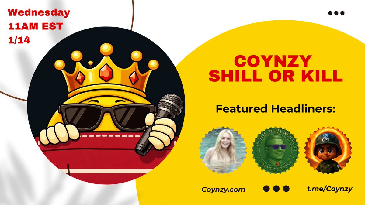 Coynzy's tweet image. The Time Has Come 🔥🎤

Coynzy Spaces are finally here kicking off this Wednesday with some awesome guests! $CPT $Grool $304M

Join us for some Shill Or Kill degen fun, see who makes the cut! 💀

11AM EST / 4PM UTC - Set those reminders below ⏰️
x.com/i/spaces/1kvKp…