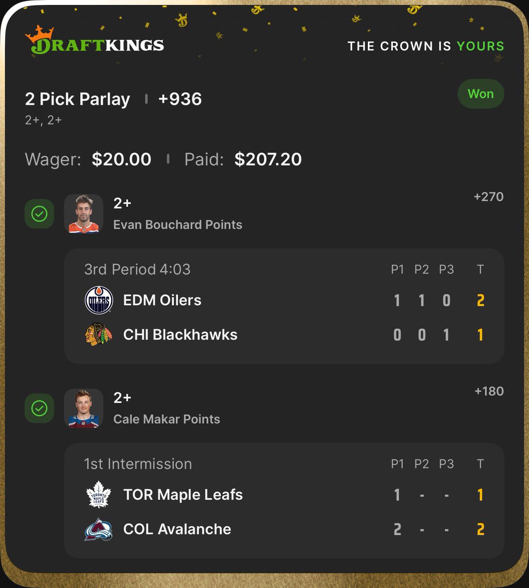 MiggsPicks's tweet photo. Another Day, Another Banger 

NHL 2 man +936 cash 
Bouchard in 2 periods and Cale in just the first 

#NHL #GamblingX #DraftKings https://t.co/ako4GY0Tvu
