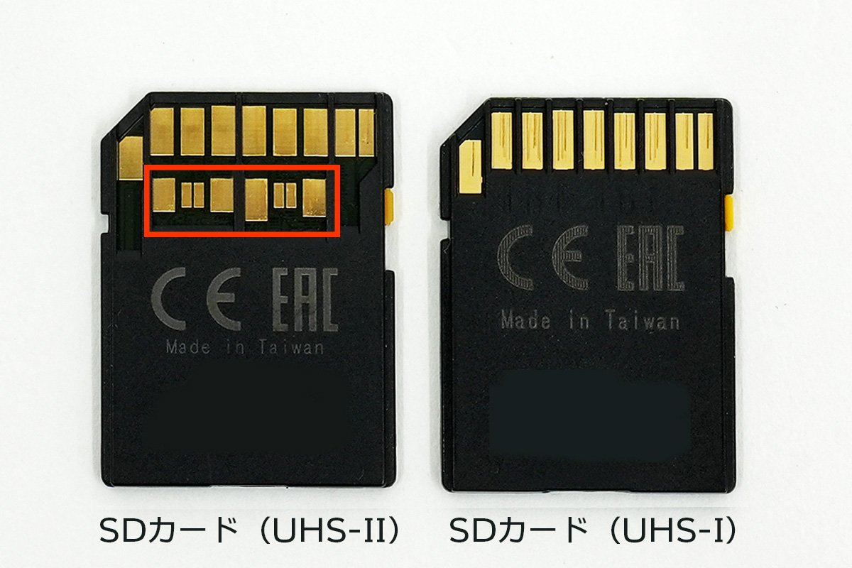 kunkoku's tweet image. 補足すると「SDカード（UHS-II）」の端子をみると、わかりやすいかなと。

「SDカード（UHS-II）」は、UHS-I から新たに追加された端子が、従来の端子部分よりも奥側に配置されてる。

これは、今までの互換性（UHS-I）を保ちながら新しい規格（UHS-II）に対応するための措置。
