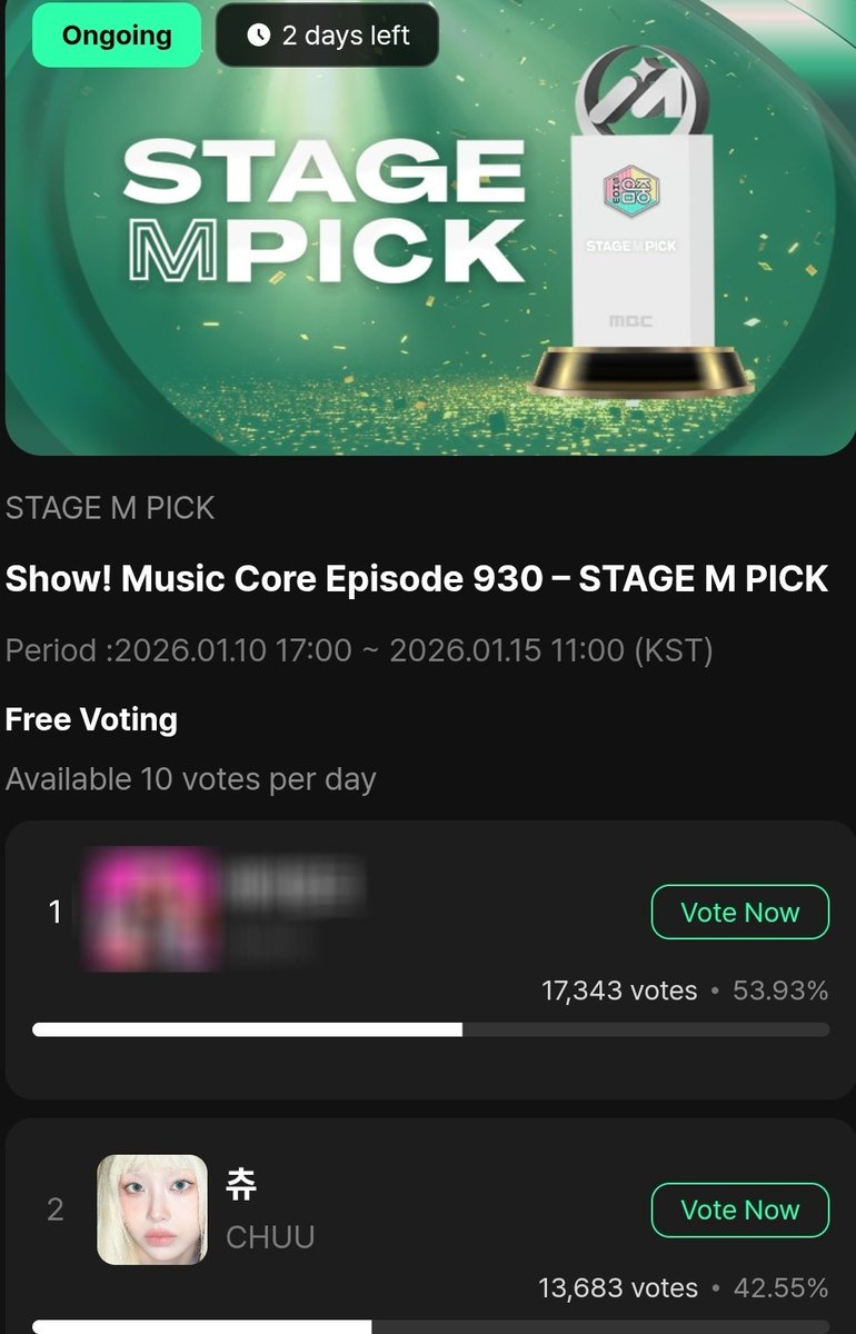 ⚠️ THIS IS OUR LAST SHOT 
Bigger groups are attending the next episode and her odds will drop HARD. Chuu deserves this!
----
🗳️ Vote DAILY (10× per acc)
✅ Multiple accounts allowed 
🖥️ PC + app both work 
✨ No vote collecting needed!
🗓️ Ends: Jan 15, 11:00AM KST

🔗 Vote here: