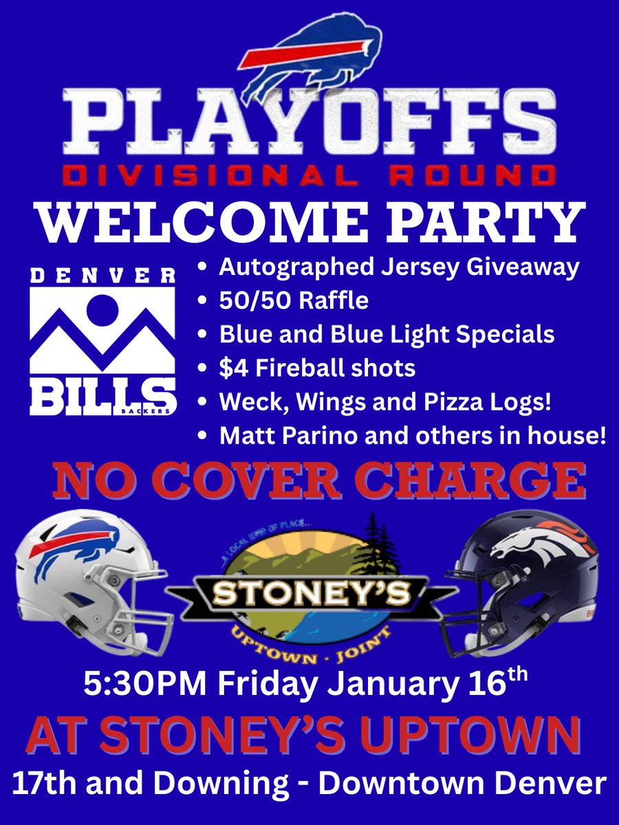DenBillsBackers's tweet image. Plans laid in. 🧭

Welcome party at Stoney’s Uptown Friday night, 5:30pm
✅ Autographed Jersey in the 50/50
✅ Bills Food &amp;amp; drink specials 🍺
✅ No Cover 🚫

Tailgate party at IronWorks 🏟️
✅ Details coming 

Game-day Party at Stoney’s Uptown
✅ Full regular gameday party! 🎉