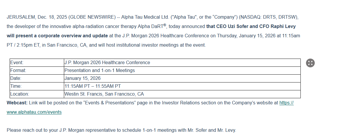 TechandEnergy's tweet image. $DRTS

 Alpha Tau Medical (NASDAQ: DRTS ) the developer of the innovative alpha-radiation cancer therapy  Alpha DaRT®, announced that CEO Uzi Sofer and CFO  will present a corporate overview and update at the JPM 2026 on Thursday, Jan 15 2026 at 2:15pm ET  

#JPM2026