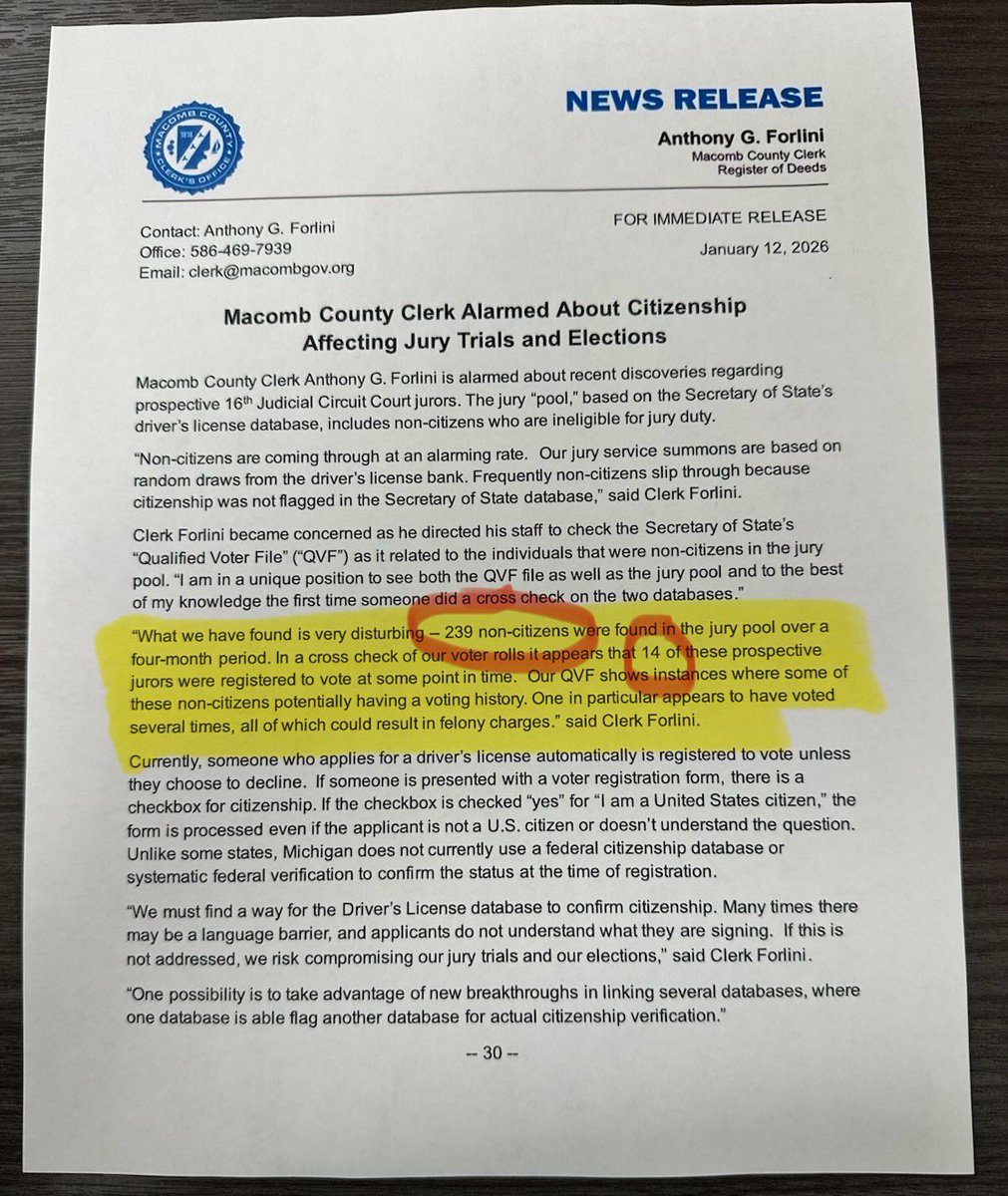 ScottPresler's tweet image. Macomb County Clerk Anthony Forlini exposed that non-citizens are allegedly registered to vote in Michigan. 

Why won’t you pass the SAVE Act? 

Why won’t you require proof of citizenship to register to vote? 

Respectfully. 

Peacefully.