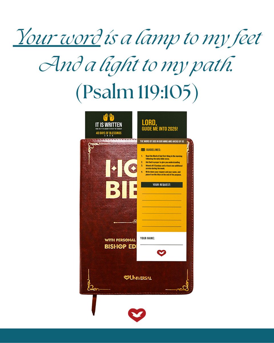uckgaussie's tweet image. We are continuing our meditation on the word 📖 of God daily. There is no better guide 🛣️ to a new year than His word so, delve deep into it and let it direct your decisions for 2️⃣0️⃣2️⃣6️⃣. 

#ItIsWritten #UniversalChurch